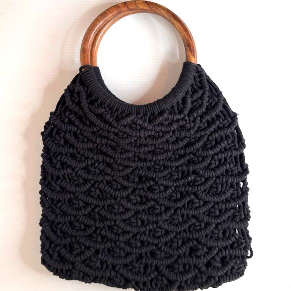 SIGRID OLSEN Macrame Bag Wood Ring Handle Black Summer Beach Boho Casual - Picture 2 of 9